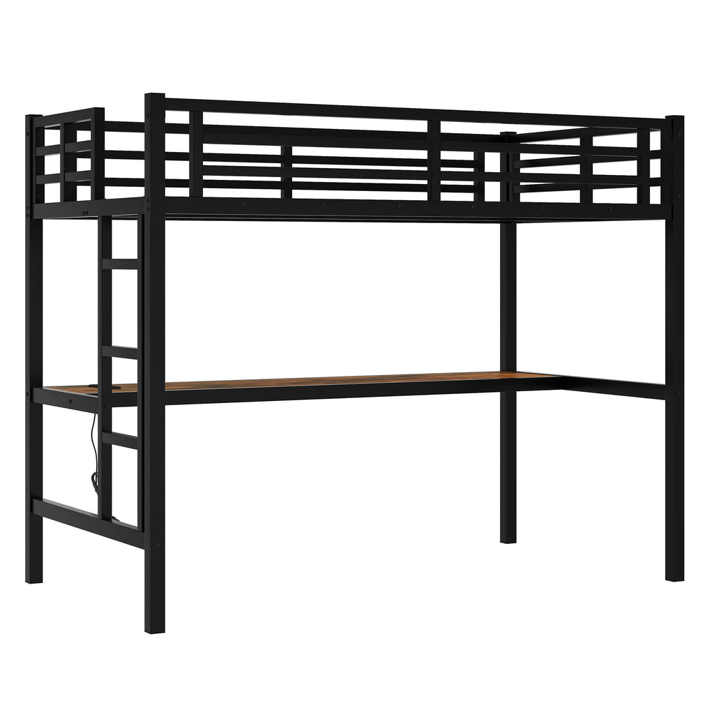 Metal Twin XL Size Loft Bed with Power Outlet and LED Lighted, Space Saving, Noise Reduced, Black