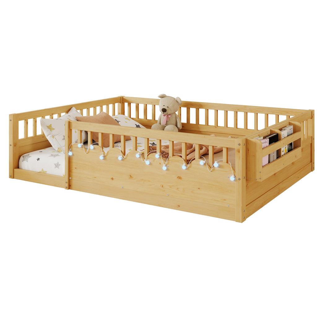 Full Montessori Floor Bed Frame with High Rails, Wood Kids Floor Beds with Light and Storage Shelf, Natural Expect Arrival Date 2025 8 15