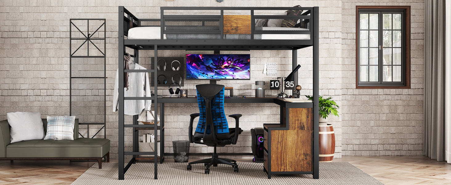 Queen Loft Bed with Desk and Storage Non woven Fabric Drawers, Metal Loft Bed Frame with Ladders, Nosie free and No Spring Box Needed, Black