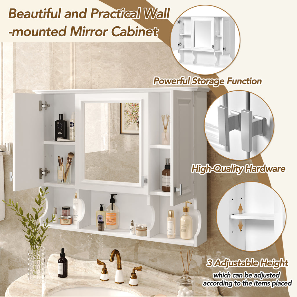 35'' x 28'' Wall Mounted Bathroom Medicine Cabinet, Modern Bathroom Wall Cabinet with Mirror, Mirror Cabinet with Open Shelves