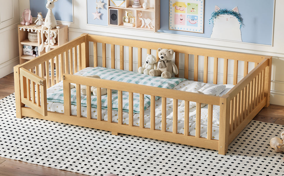 Full Size Bed Floor Bed with Safety Guardrails and Door for Kids, Natural