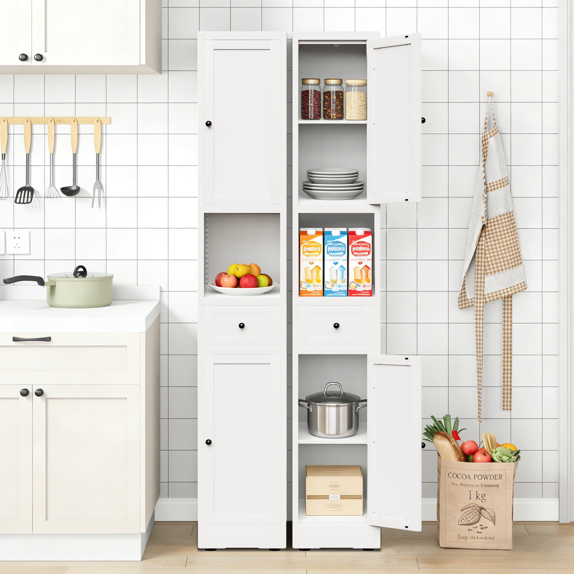 71 Inch Tall Bathroom Storage Cabinet, 5 Tier Narrow Metal Cabinet with 2 Doors & Adjustable Shelves, Freestanding Cabinet for Space Saving in Kitchen, Laundry Room, Pantry, White