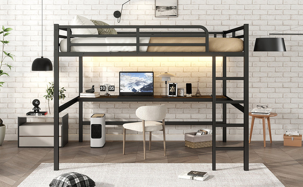 Metal Queen Size Loft Bed with Power Outlet and LED Lighted, Space Saving, Noise Reduced, Black