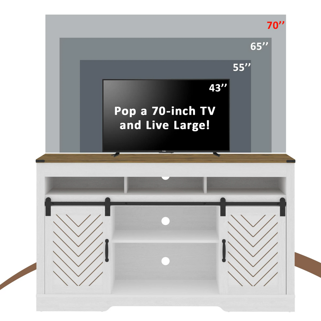 Farmhouse TV Stand for 65 Inch TV, Tall Entertainment Center with Sliding Barn Doors, Rustic Wood Storage Cabinet Television Media Console for Living Room, Bedroom Wood Tone and White
