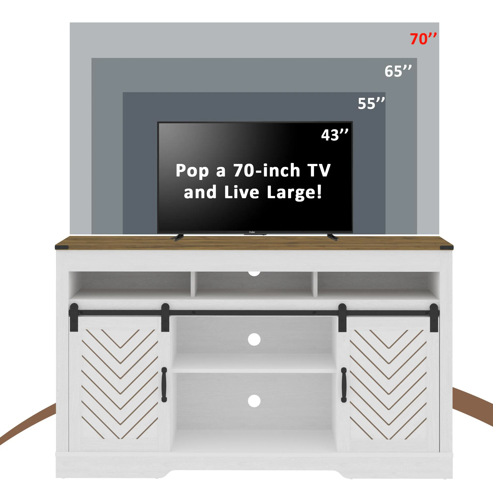 Farmhouse TV Stand for 65 Inch TV, Tall Entertainment Center with Sliding Barn Doors, Rustic Wood Storage Cabinet Television Media Console for Living Room, Bedroom Wood Tone and White