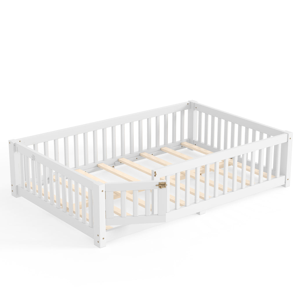 Full Size Bed Floor Bed with Safety Guardrails and Door for Kids, White