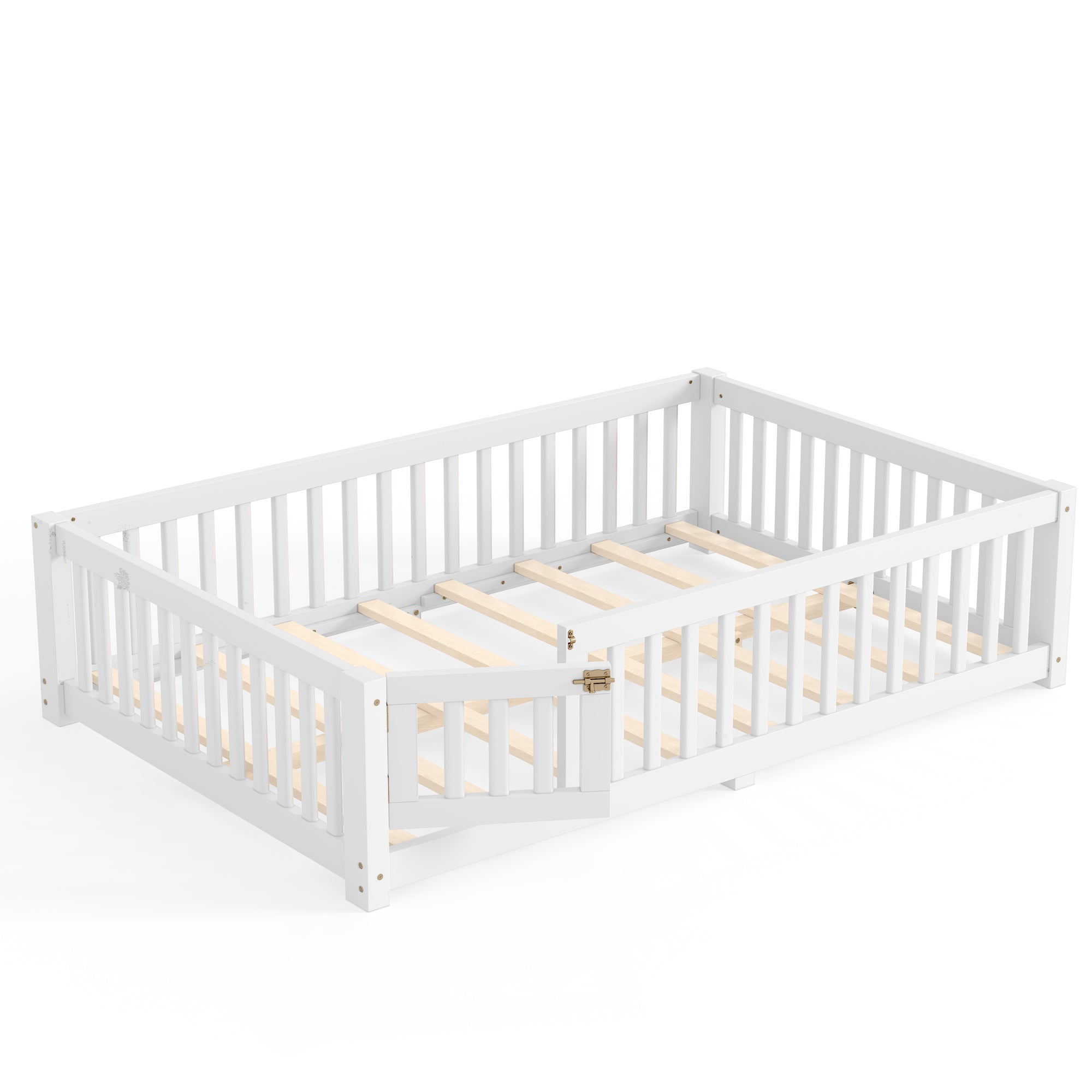 Full Size Bed Floor Bed with Safety Guardrails and Door for Kids, White