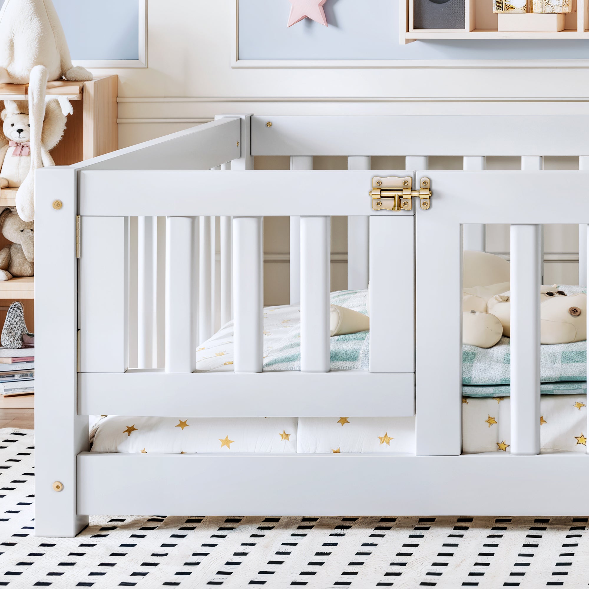 Full Size Bed Floor Bed with Safety Guardrails and Door for Kids, White