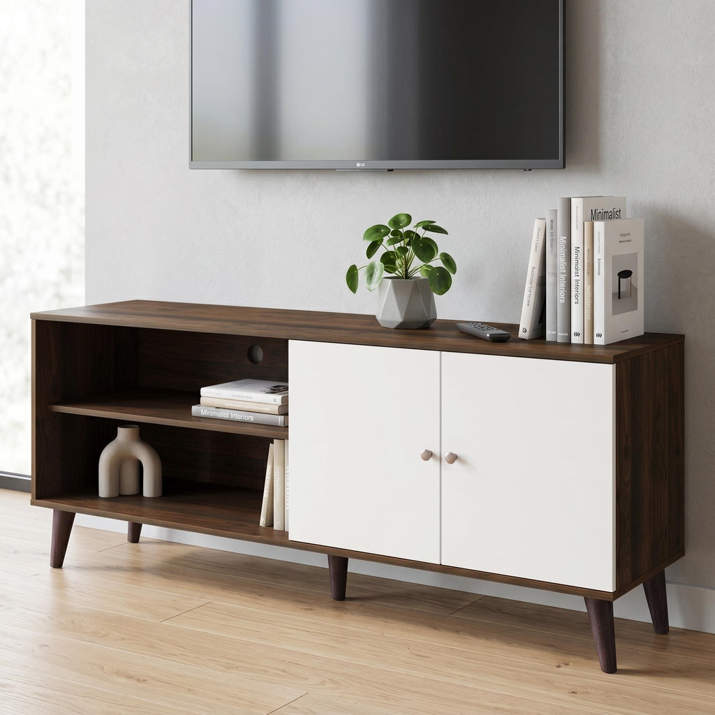 Amidon TV Stand for TVs up to 63", with 2 Storage Shelves& 1 Cabinet, Modern Entertainment Centre for TV in Living Room in Walnut White