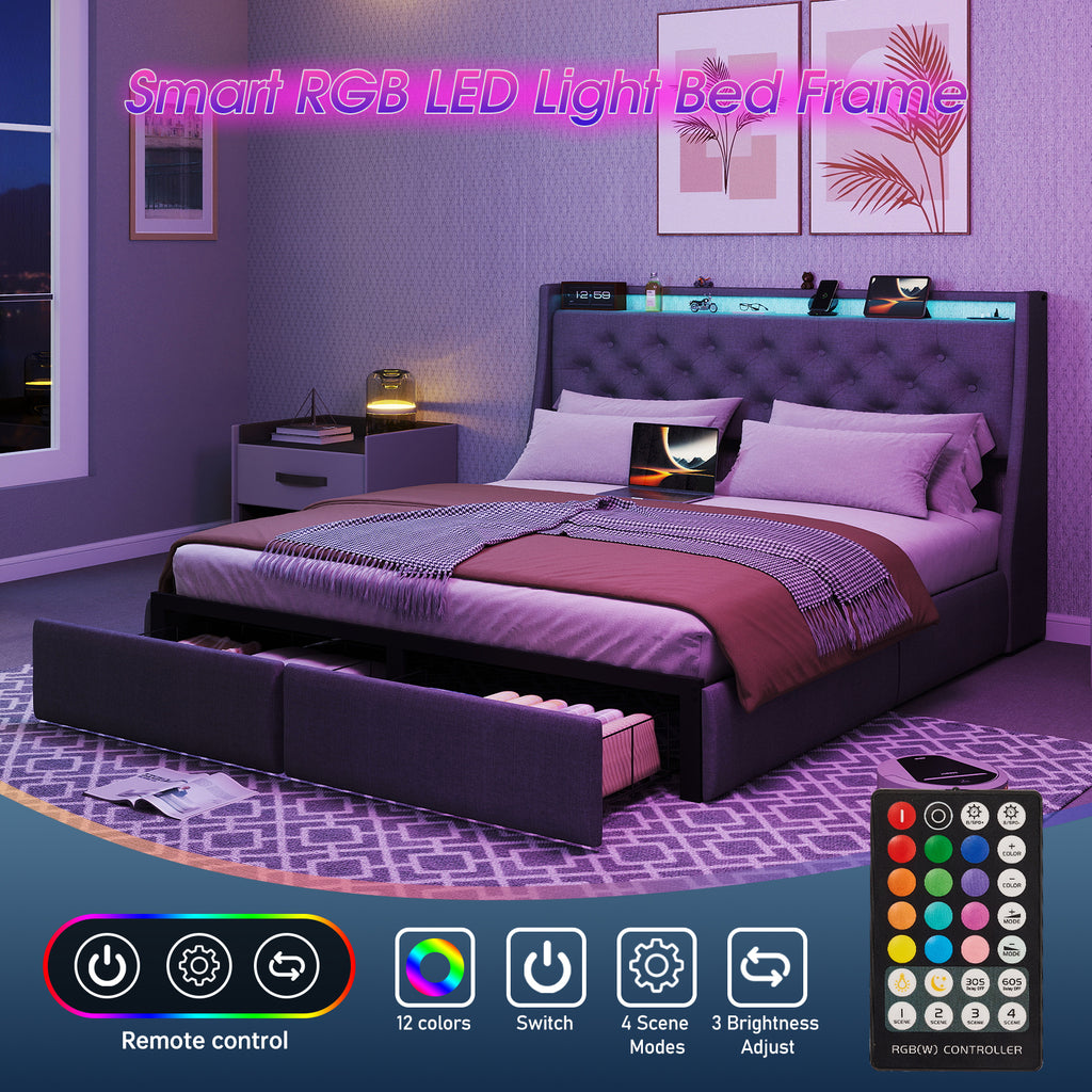 Full Size Bed Frame with Storage Headboard, RGB LED Light & USB Charging Station Grey