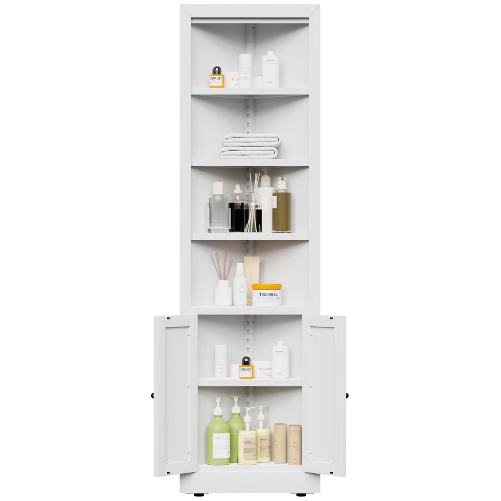 71" Tall Corner Storage Cabinet with 2 Doors, 5 Tier Metal Cabinet with Adjustable Shelves, Freestanding Kitchen Storage for Pantry, Living Room, Bathroom, Laundry Room, Space Saving Furniture, White