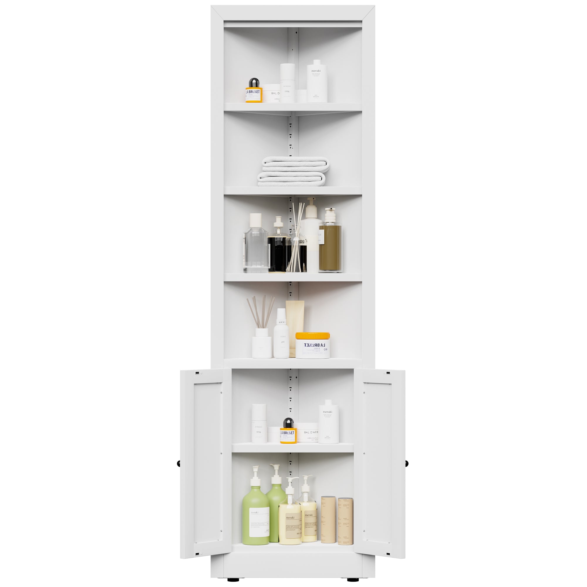 71" Tall Corner Storage Cabinet with 2 Doors, 5 Tier Metal Cabinet with Adjustable Shelves, Freestanding Kitchen Storage for Pantry, Living Room, Bathroom, Laundry Room, Space Saving Furniture, White