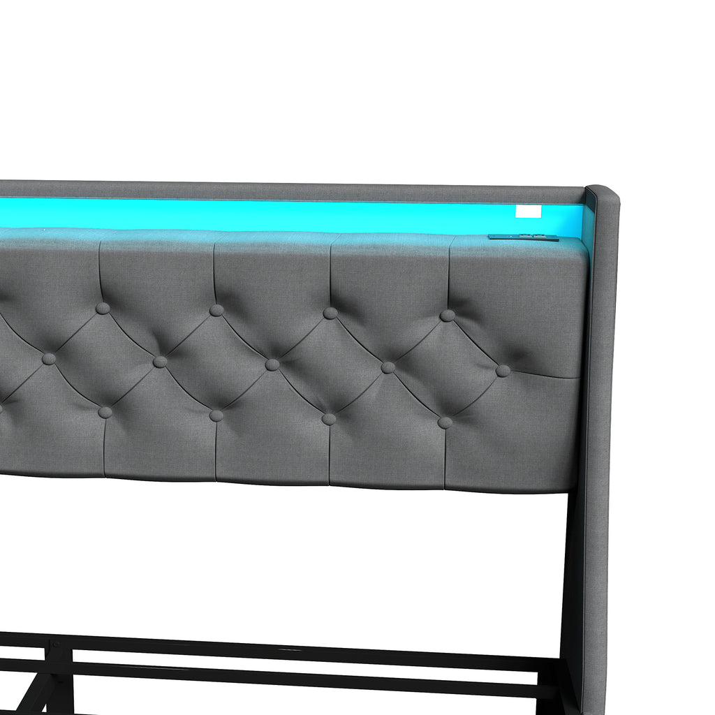 Full Size Bed Frame with Storage Headboard, RGB LED Light & USB Charging Station Grey