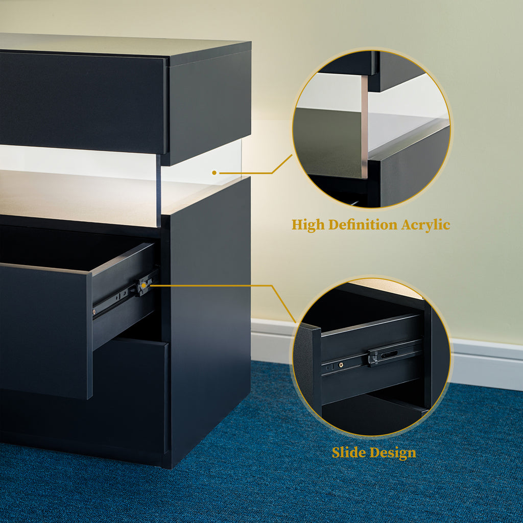 LED Nightstands 3 Drawer Dresser for Bedroom End Table with Acrylic Board LED Bedside Tables Black