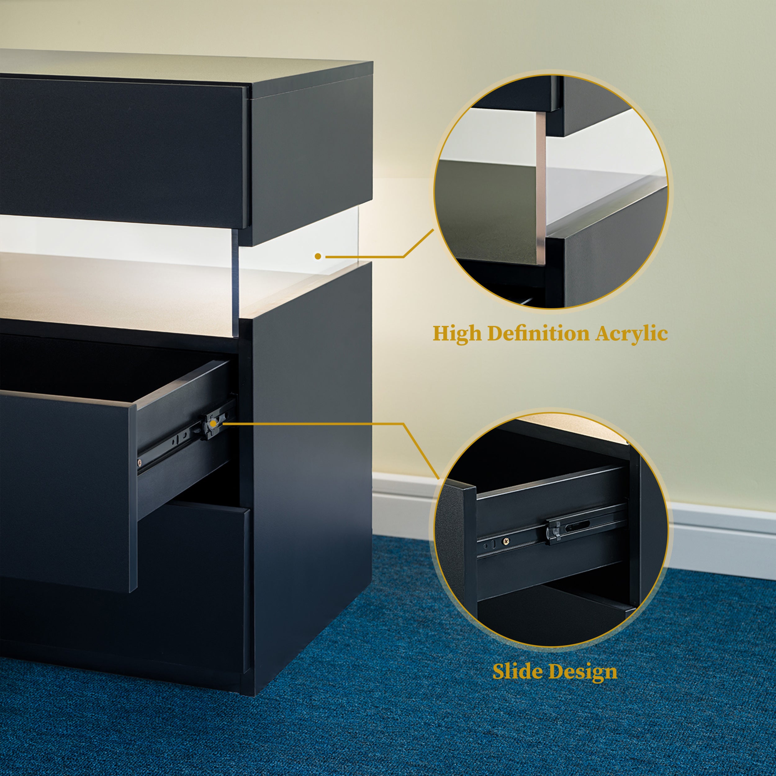 LED Nightstands 3 Drawer Dresser for Bedroom End Table with Acrylic Board LED Bedside Tables Black