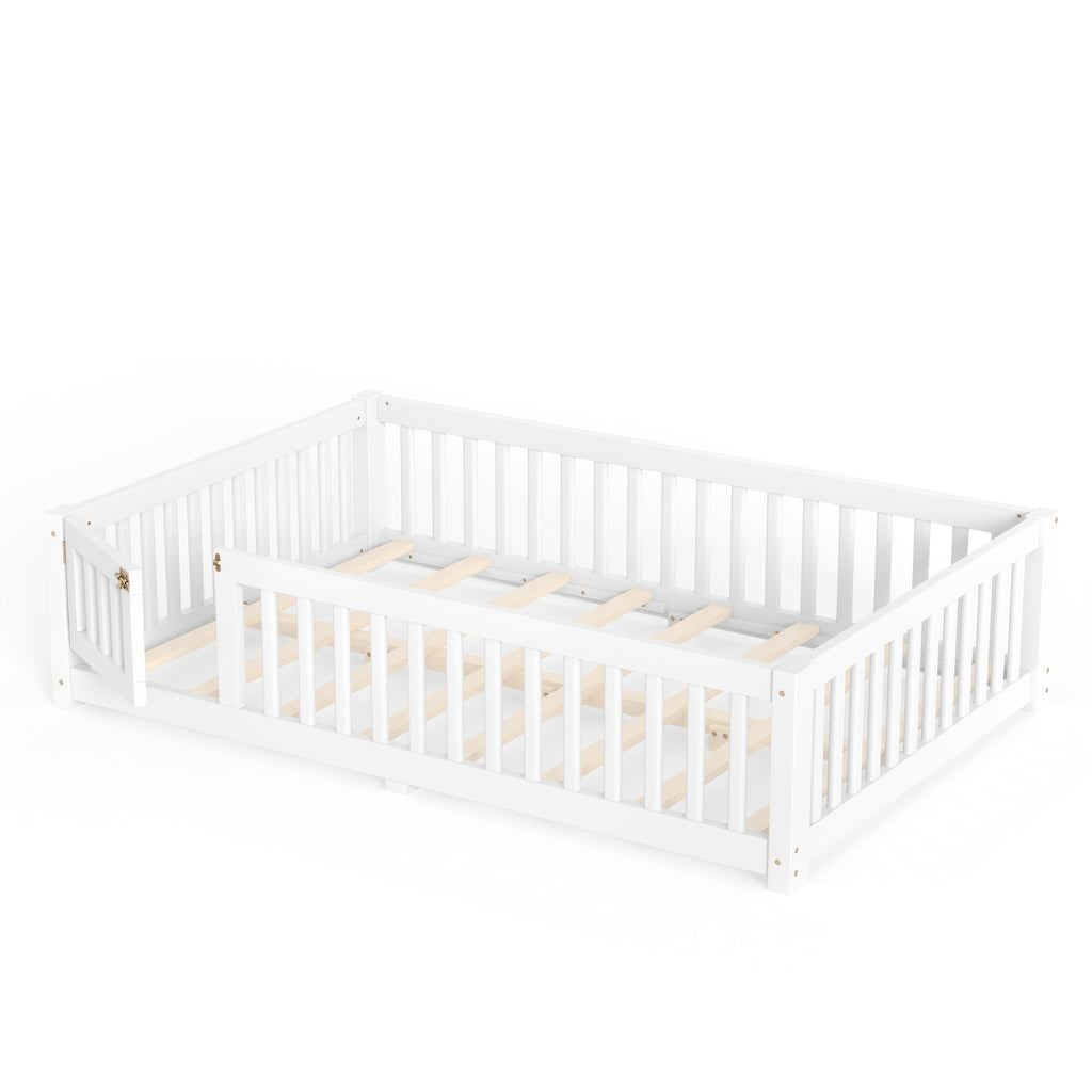 Full Size Bed Floor Bed with Safety Guardrails and Door for Kids, White