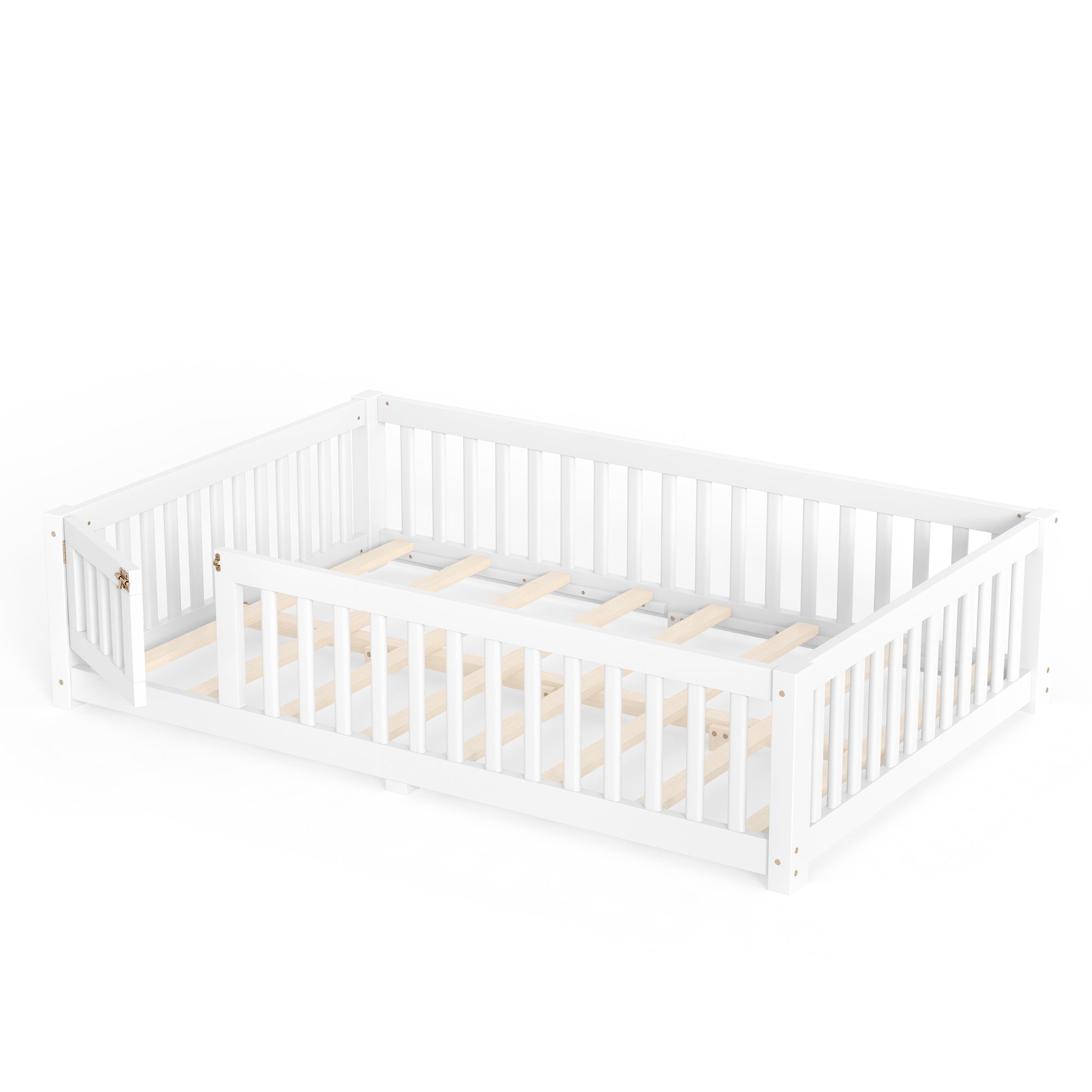 Full Size Bed Floor Bed with Safety Guardrails and Door for Kids, White