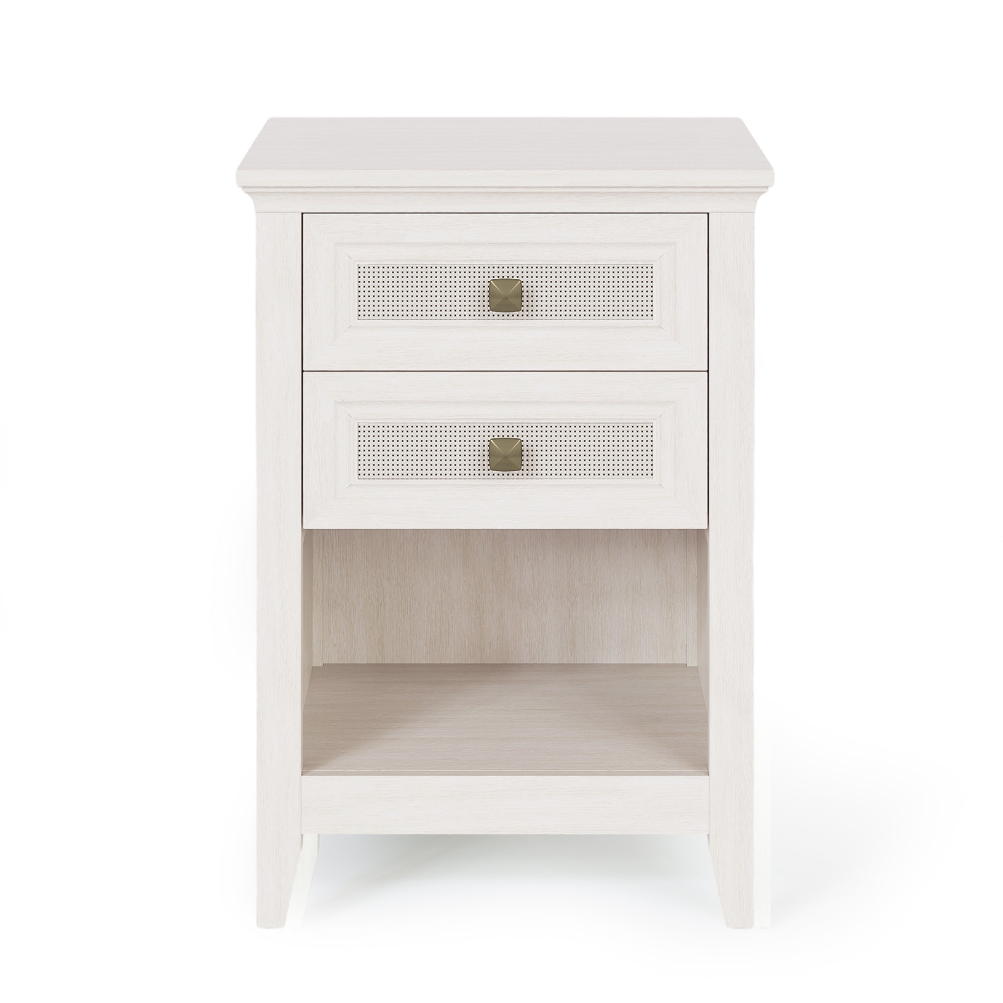 Farmhouse Nightstand, Boho Bedside Table with 2 Rattan Decor Drawers, Accent End Table with Open Storage Shelf, Wood Bedside Unit for Bedroom, Living Room, Home Office, Grayish White