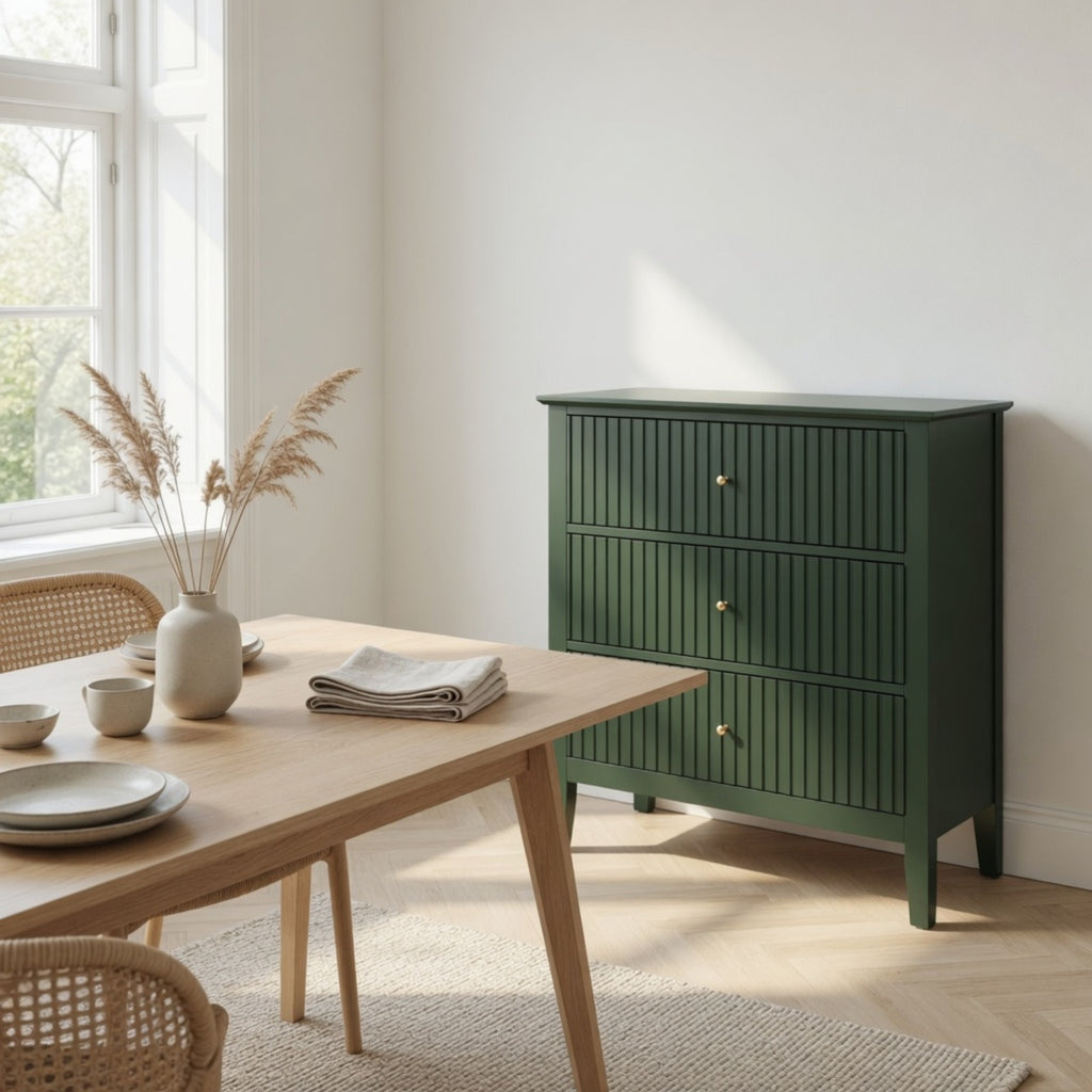 32" Wide Green Fluted 3 Drawer Nightstand, Large Modern Bedroom End Table