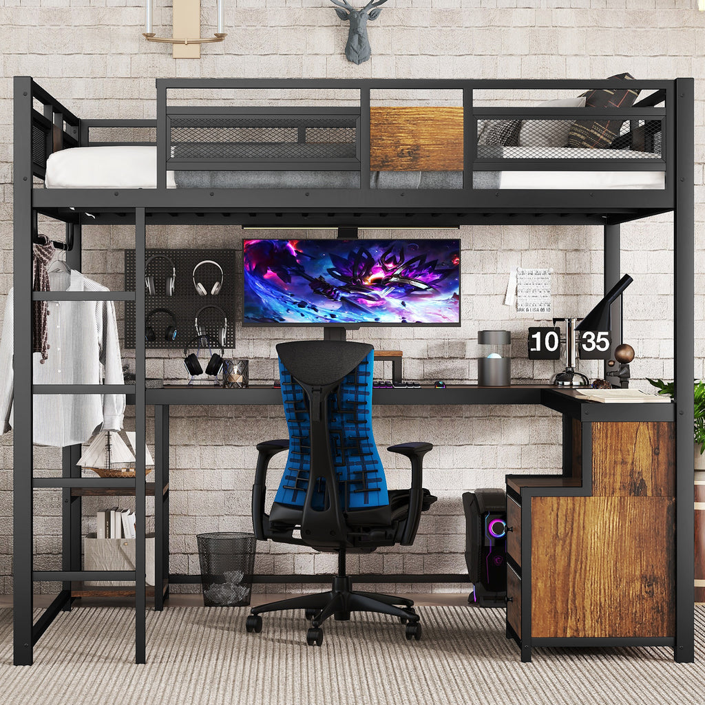 Queen Loft Bed with Desk and Storage Non woven Fabric Drawers, Metal Loft Bed Frame with Ladders, Nosie free and No Spring Box Needed, Black
