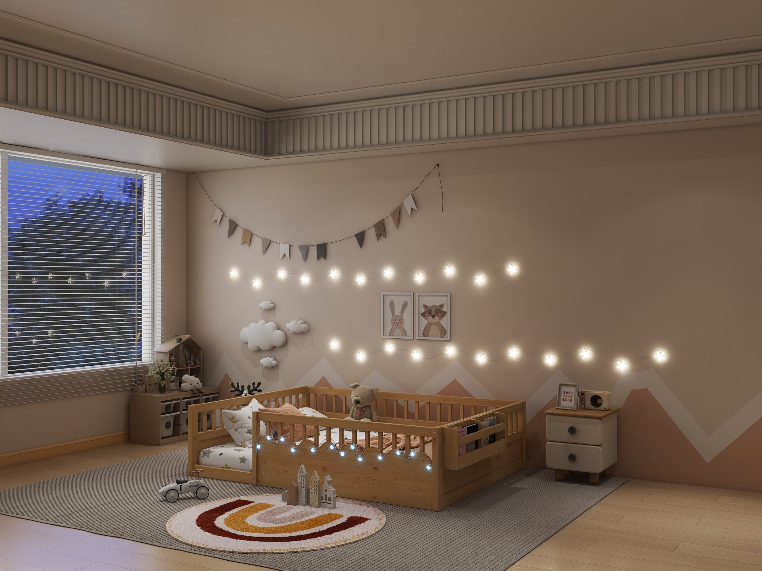 Full Montessori Floor Bed Frame with High Rails, Wood Kids Floor Beds with Light and Storage Shelf, Natural Expect Arrival Date 2025 8 15