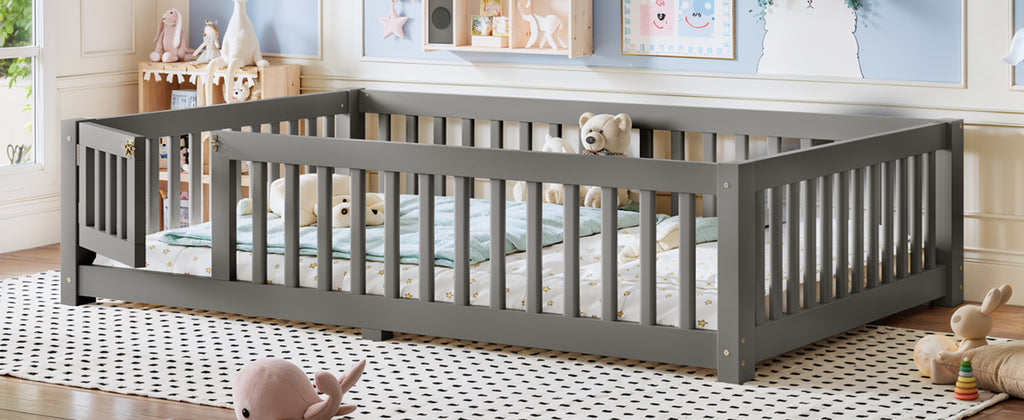 Full Size Bed Floor Bed with Safety Guardrails and Door for Kids, Gray