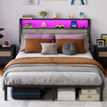 Queen Size Bed Frame with Headboard, RGB LED Light & Charging Station & Under Bed Storage Space, Easy Assembly Rustic Grey