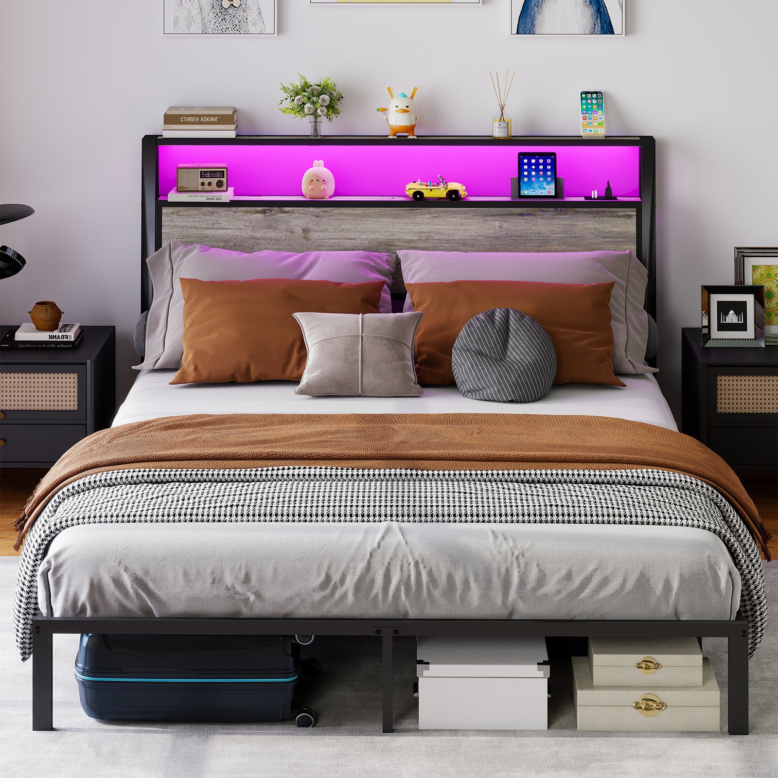 Queen Size Bed Frame with Headboard, RGB LED Light & Charging Station & Under Bed Storage Space, Easy Assembly Rustic Grey