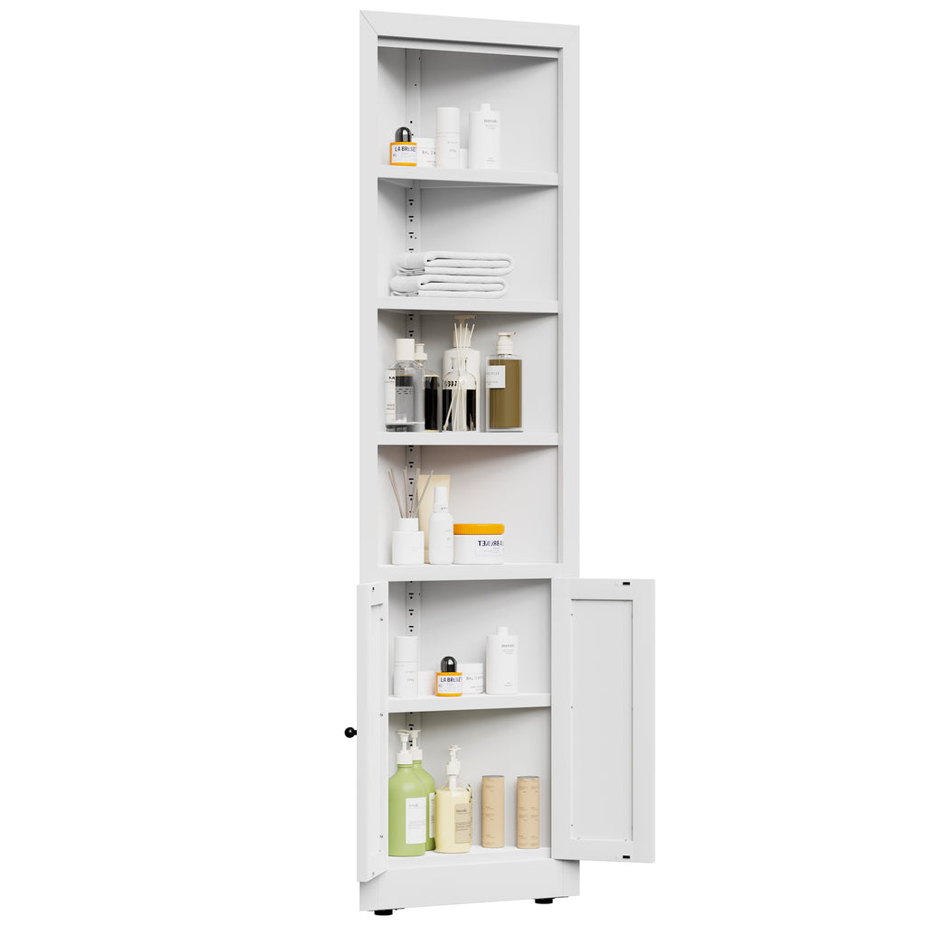 71" Tall Corner Storage Cabinet with 2 Doors, 5 Tier Metal Cabinet with Adjustable Shelves, Freestanding Kitchen Storage for Pantry, Living Room, Bathroom, Laundry Room, Space Saving Furniture, White