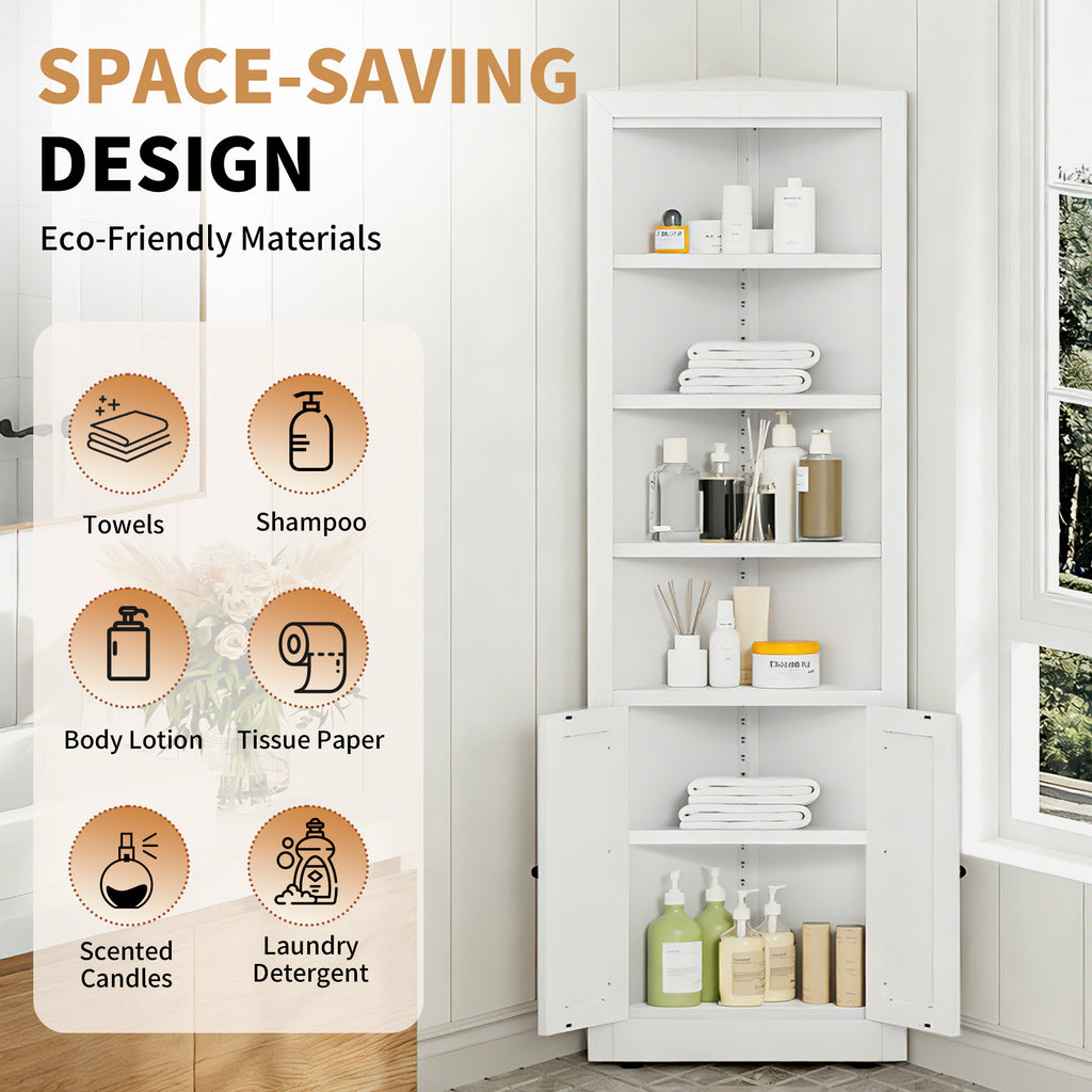 71" Tall Corner Storage Cabinet with 2 Doors, 5 Tier Metal Cabinet with Adjustable Shelves, Freestanding Kitchen Storage for Pantry, Living Room, Bathroom, Laundry Room, Space Saving Furniture, White