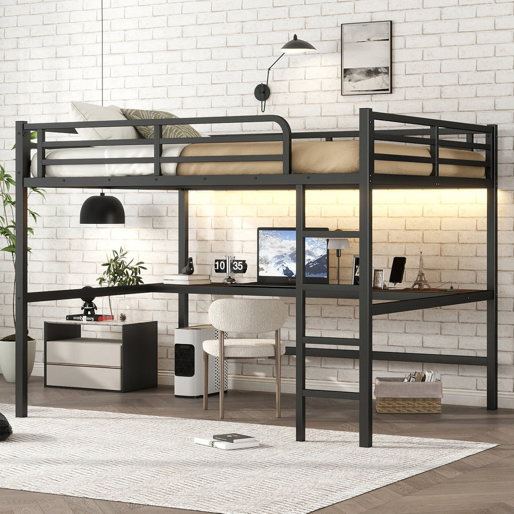 Metal Queen Size Loft Bed with Power Outlet and LED Lighted, Space Saving, Noise Reduced, Black