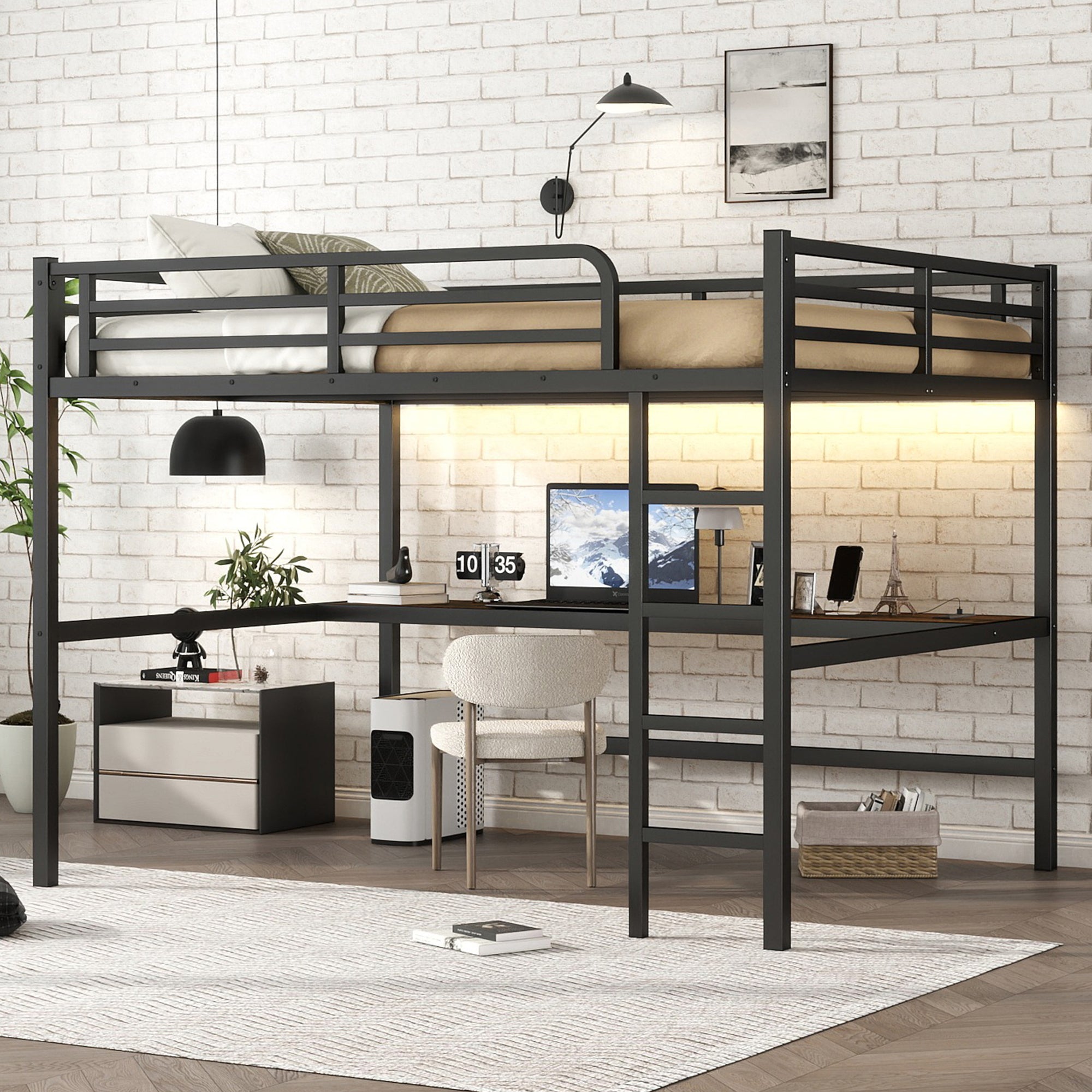 Metal Queen Size Loft Bed with Power Outlet and LED Lighted, Space Saving, Noise Reduced, Black