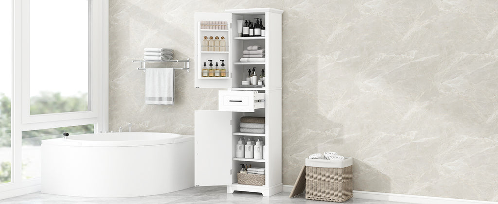 Tall Bathroom Storage Cabinet, Freestanding Storage Cabinet with Two Doors and Adjustable Shelves, Door Shelve Design, MDF Board with Painted Finish, White