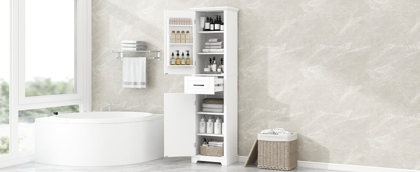 Tall Bathroom Storage Cabinet, Freestanding Storage Cabinet with Two Doors and Adjustable Shelves, Door Shelve Design, MDF Board with Painted Finish, White