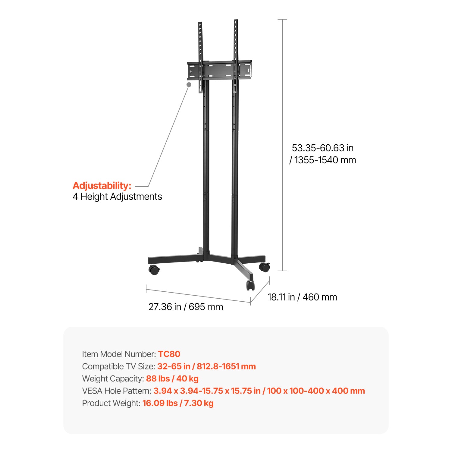 Rolling TV Stand, Mobile TV Cart for 32 65 Inch Screens, Height Adjustable, Portable Monitor Stand with Wheels Holds up to 88 lbs for Living Room, Bedroom, Office, Outdoor, Max VESA 400x400mm