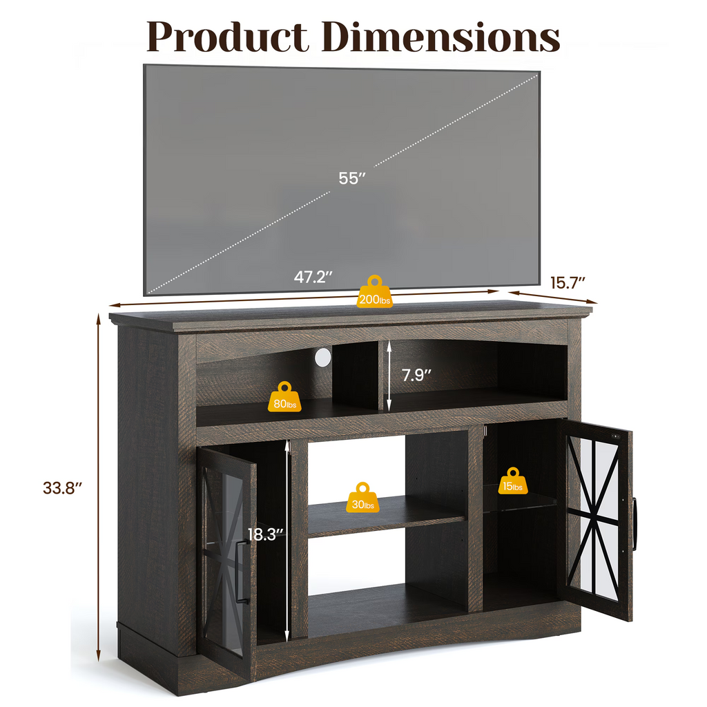 47'' Farmhouse TV Stand with Adjustable Shelves, Retro TV Console with Glass Doors & LED Lights, Media Entertainment Center Storage Cabinet for Living Room, Bedroom, Kitchen, Brown
