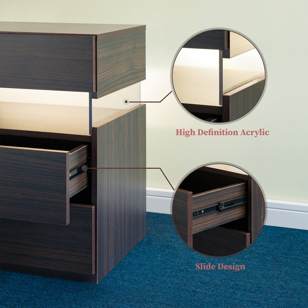 LED Nightstands 3 Drawer Dresser for Bedroom End Table with Acrylic Board LED Bedside Tables Walnut