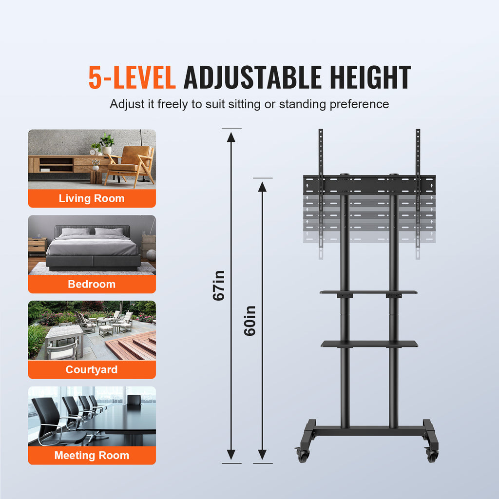 Mobile TV Stand, Mobile TV Cart for 32 to 70 inch TVs, Height Adjustable Portable TV Stand with Wheels, Double Tray for Audio Visual Devices, Rolling TV Stand with Mount for Bedroom, Living Room