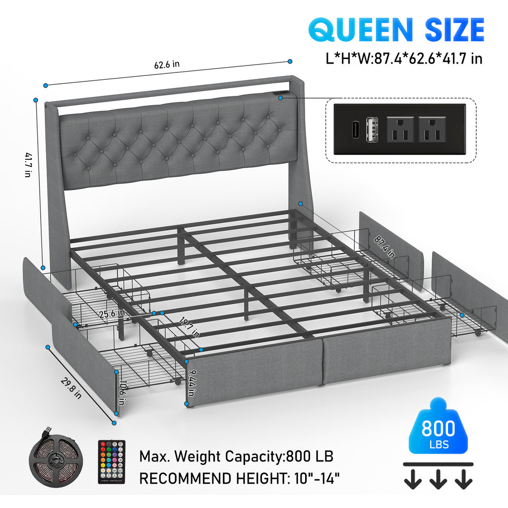 Queen Metal Platform Bed Frame Grey, Storage Headboard with RGB LED & Charging Station
