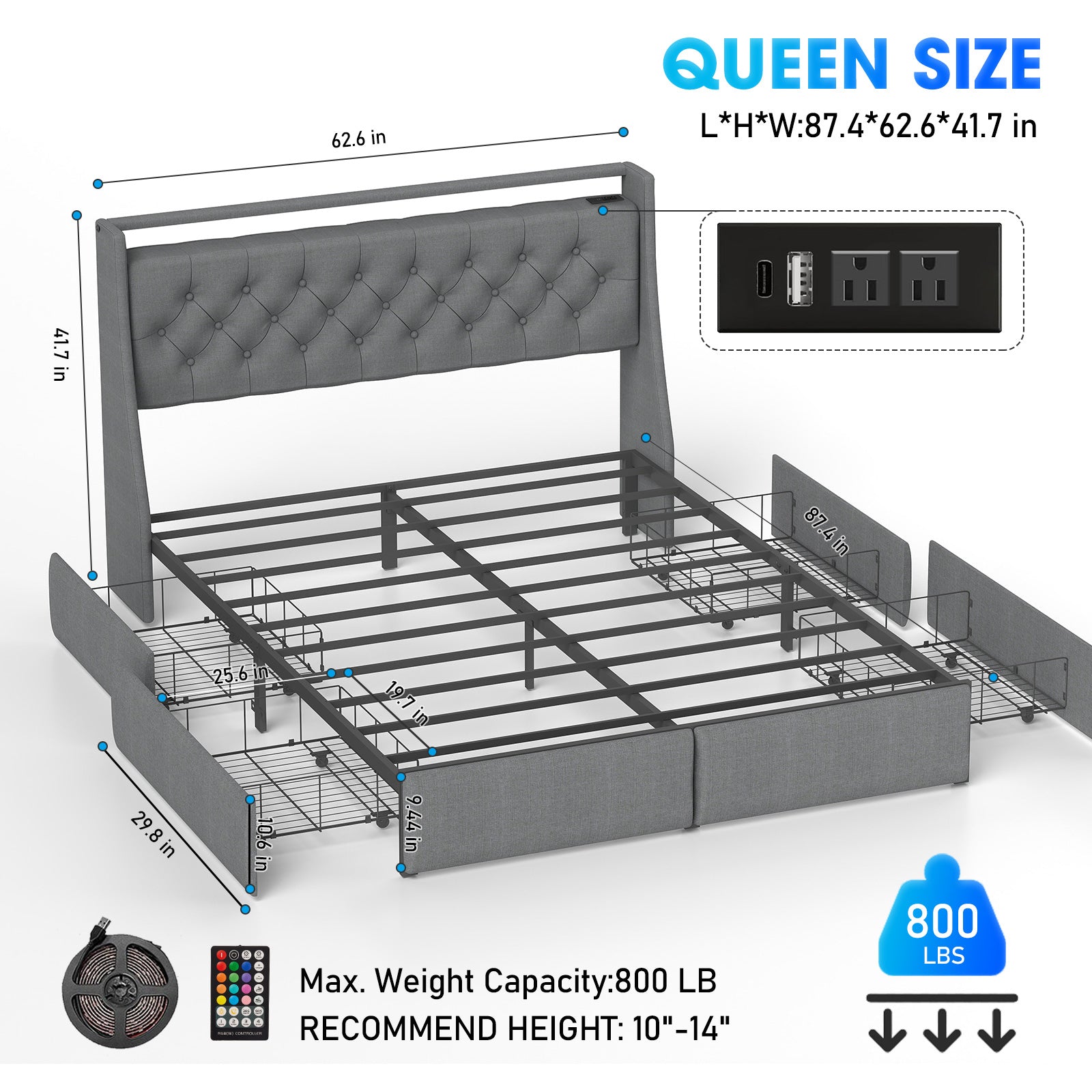Queen Metal Platform Bed Frame Grey, Storage Headboard with RGB LED & Charging Station