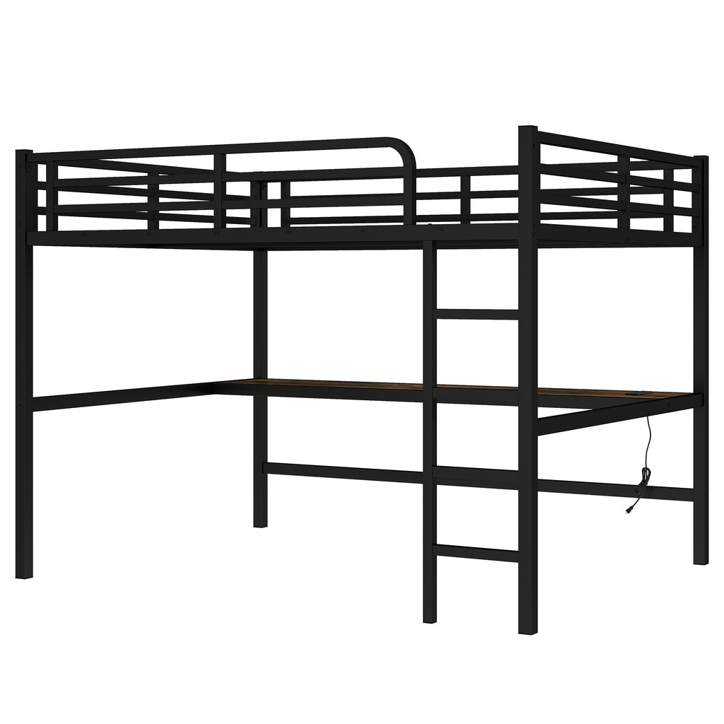 Metal Queen Size Loft Bed with Power Outlet and LED Lighted, Space Saving, Noise Reduced, Black