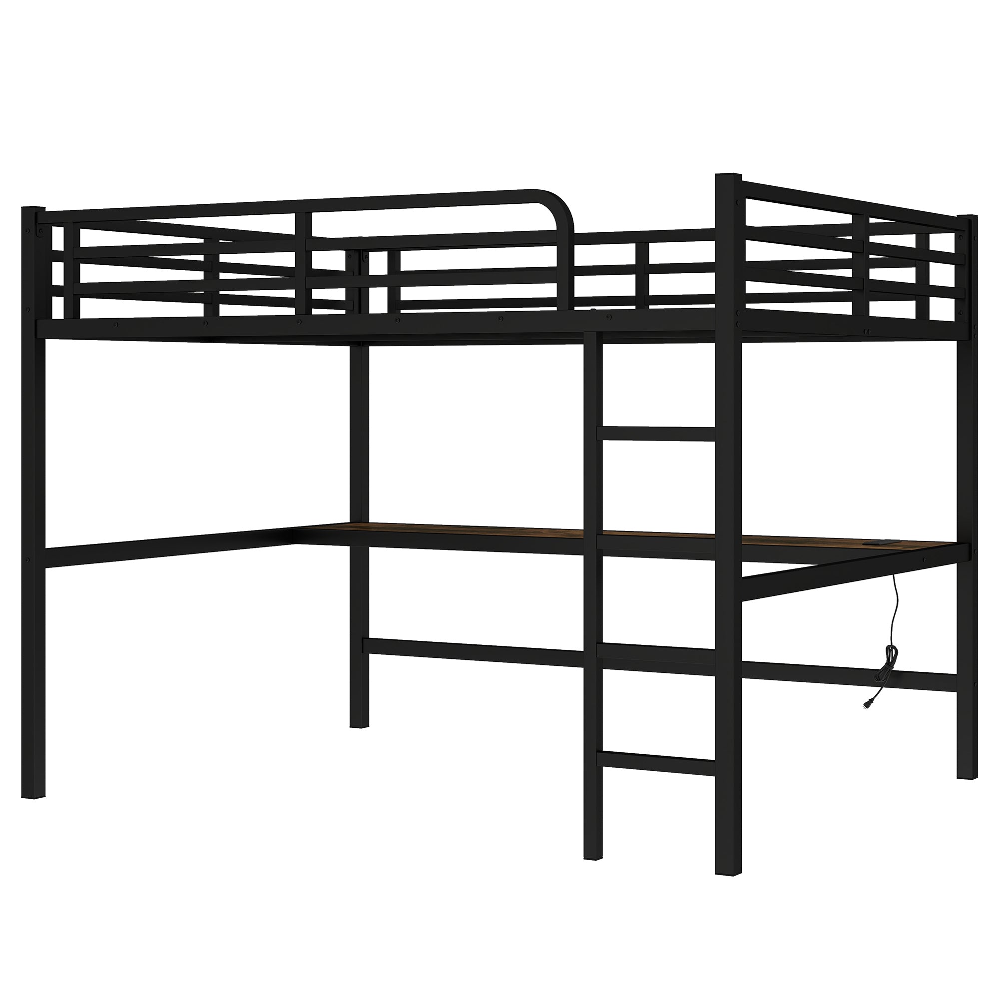 Metal Queen Size Loft Bed with Power Outlet and LED Lighted, Space Saving, Noise Reduced, Black