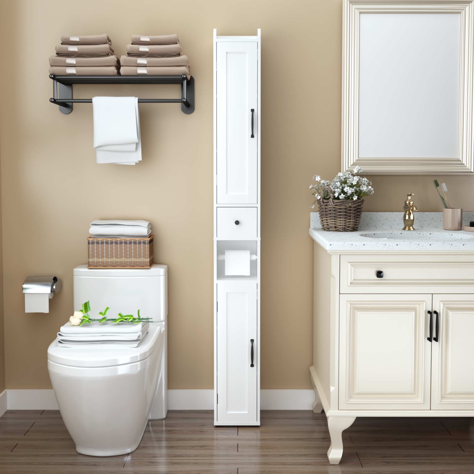 67.51" Tall Bathroom Storage Cabinet with Adjustable Shelves,Slim 2 Doors Freestanding Cabinet with Anti Tip, Open compartments, for Home, Small Spaces, Bathroom,Kitchen, Living Room, White