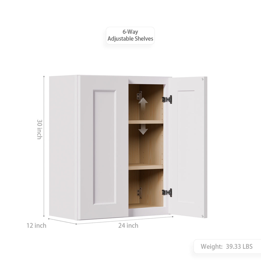 White Shaker Solid Wood Wall Cabinet with Soft Close Doors, Adjustable Shelves 24" Double Door Storage for Kitchen, Bathroom, Laundry, Garage Easy Assembly, 24"W x 12"D x 30"H