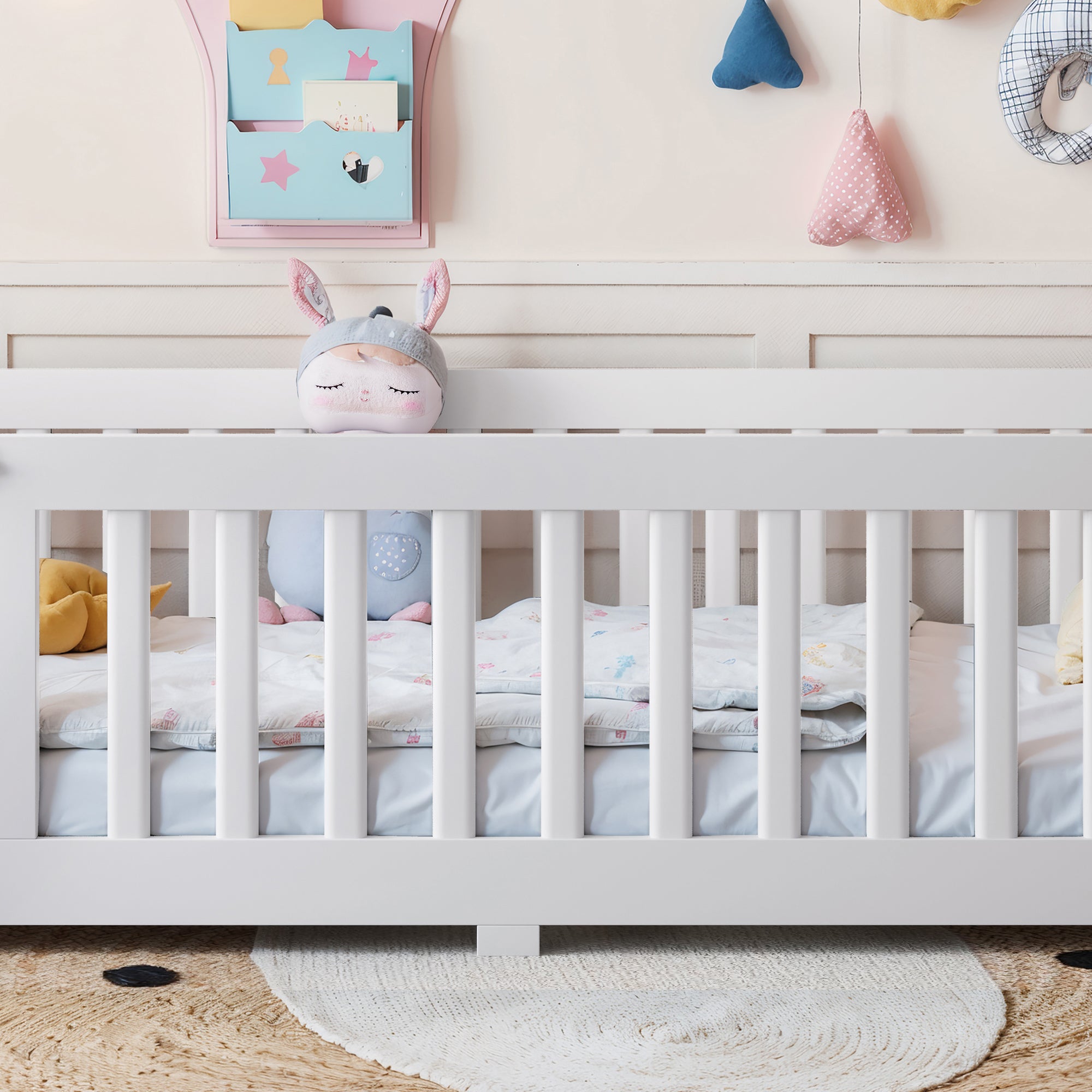 Twin Size Bed Floor Bed with Safety Guardrails and Door for Kids, White