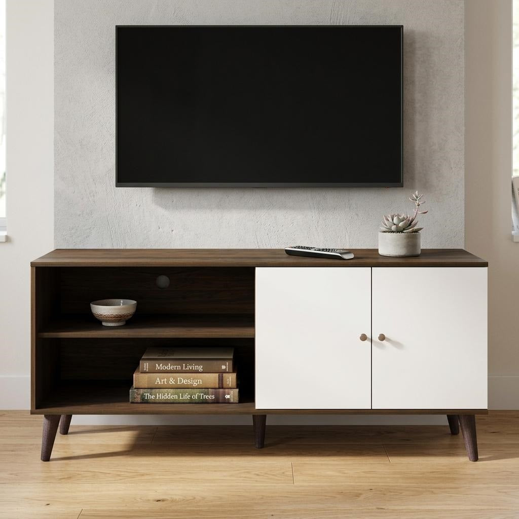 Amidon TV Stand for TVs up to 63", with 2 Storage Shelves& 1 Cabinet, Modern Entertainment Centre for TV in Living Room in Walnut White