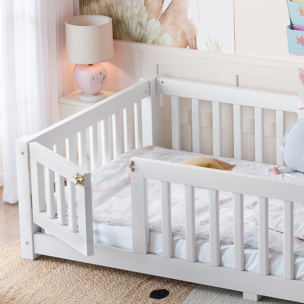 Twin Size Bed Floor Bed with Safety Guardrails and Door for Kids, White