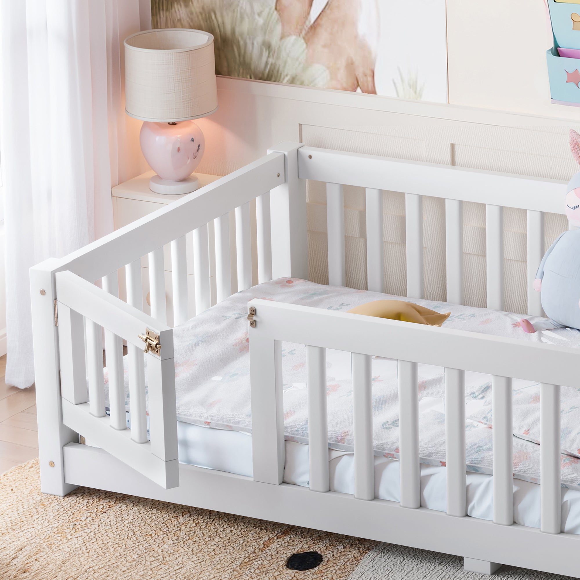 Twin Size Bed Floor Bed with Safety Guardrails and Door for Kids, White