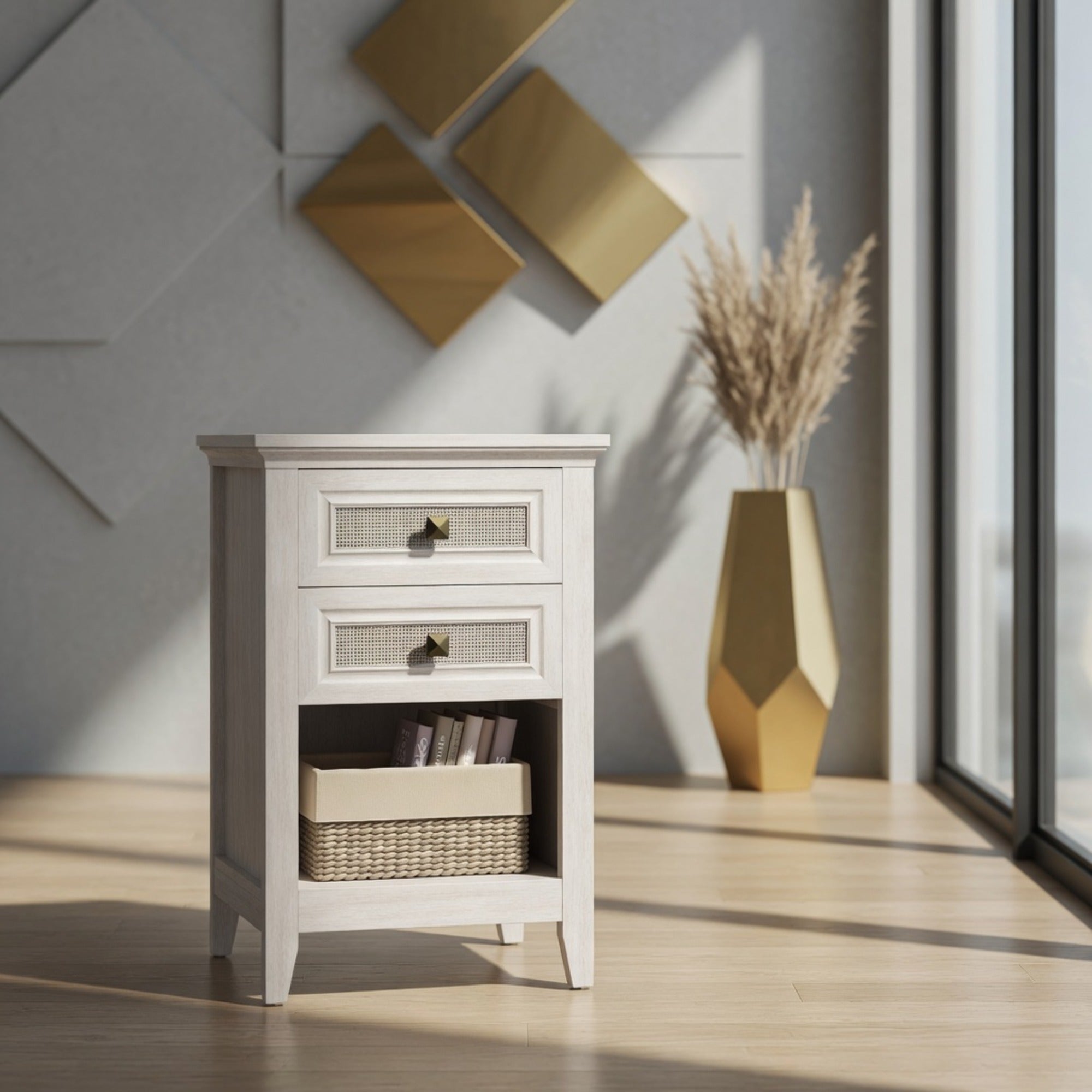 17.7" White Rattan Nightstand Boho Bedside Table w 2 Drawers & Shelf