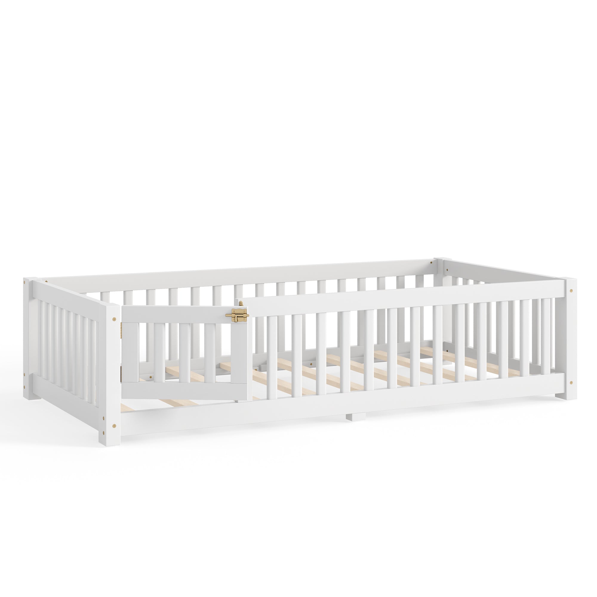 Twin Size Bed Floor Bed with Safety Guardrails and Door for Kids, White